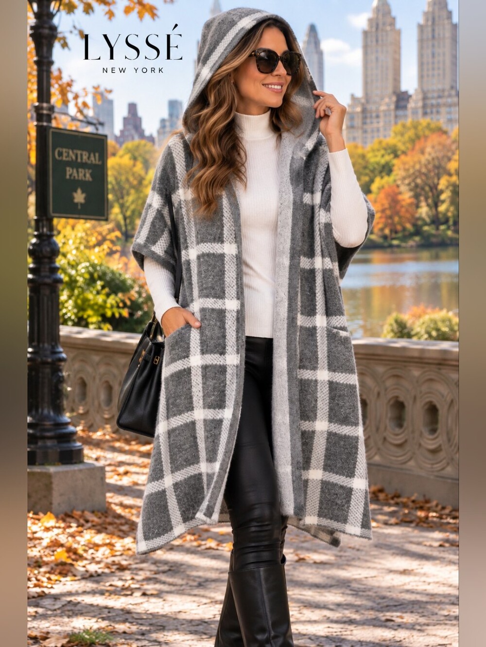 NWT LYSSÉ New York Plaid Hooded Cardigan Wrap Poncho One Size Gray White